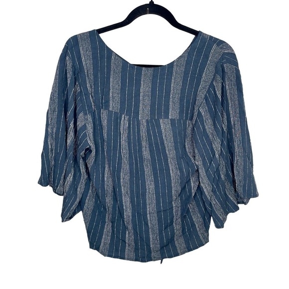Banyan Tree Blue Cropped Flowy Tie Boho Flutter Sleeve Top Shirt Size Large - Picture 2 of 8